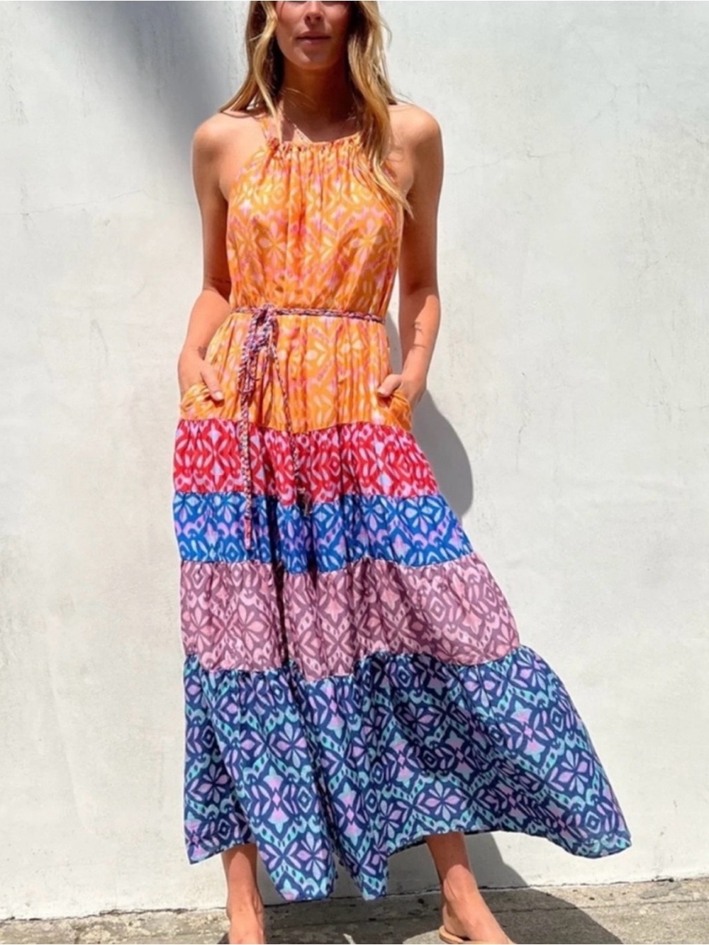 XiRENA Orange Multi-Stripe Halter Tiered Maxi Dress